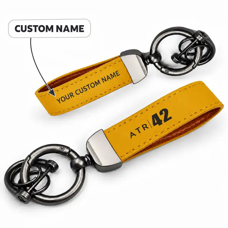 ATR 42-600 - Leather Key Chain - Horseshoe Buckle - Tag - Yellow + Name