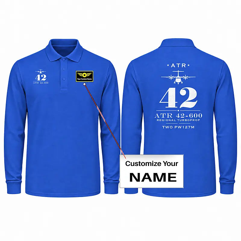 ATR 42-600 Premium Polo T-Shirts - Heritage + Name - Long Sleeve - Blue