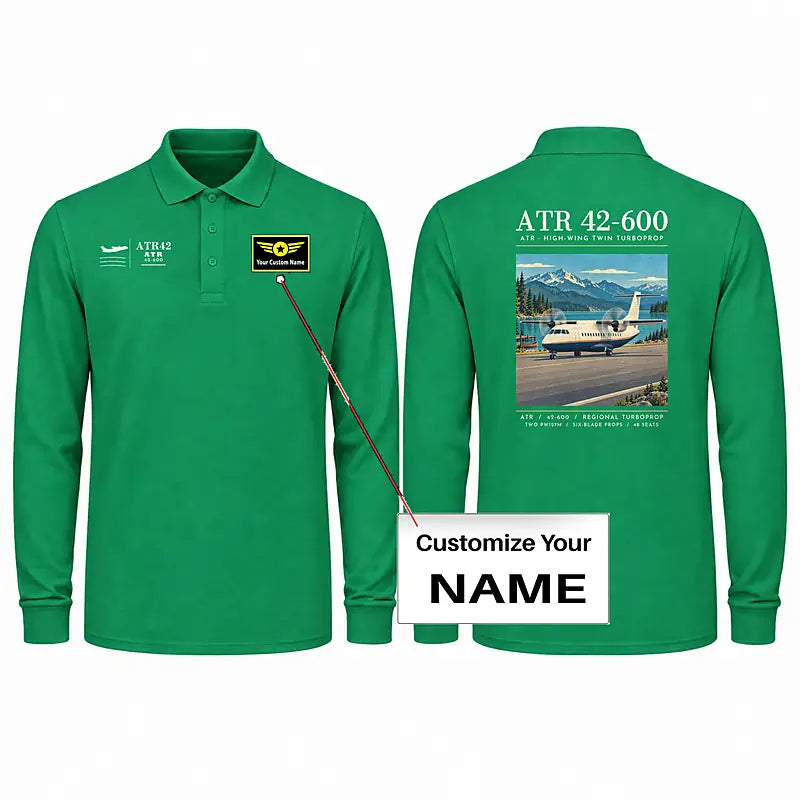 ATR 42-600 Premium Polo T-Shirts - Poster + Name - Long Sleeve - Green