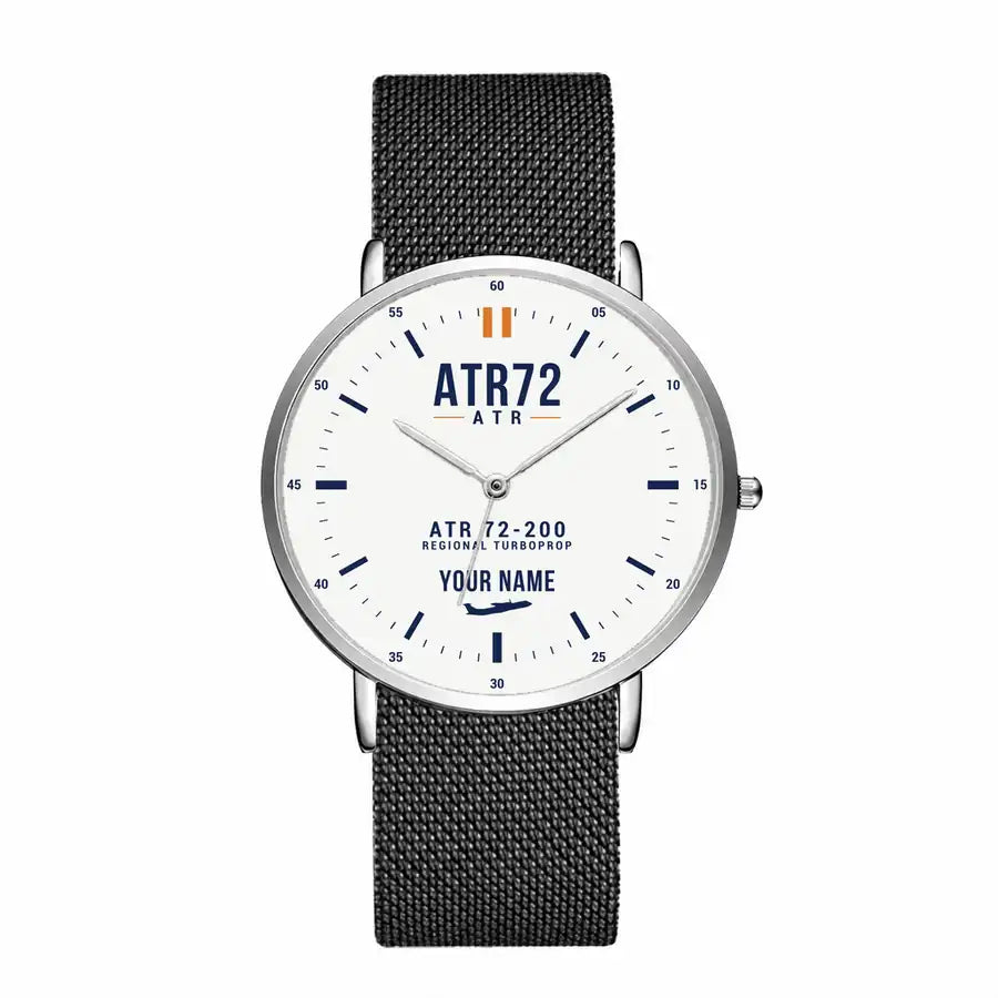 ATR 72-200 - Classic - White + Name - Slim Mesh - Silver and Black Stainless Steel Strap