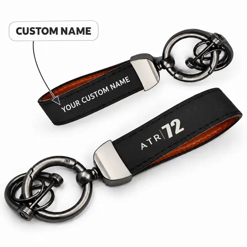 ATR 72-200 - Leather Key Chain - Horseshoe Buckle - Tag - Black + Name