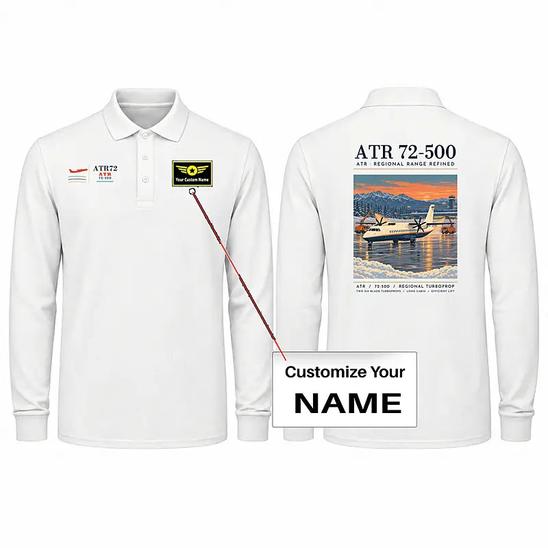 ATR 72-500 Premium Polo T-Shirts - Poster + Name - Long Sleeve - White