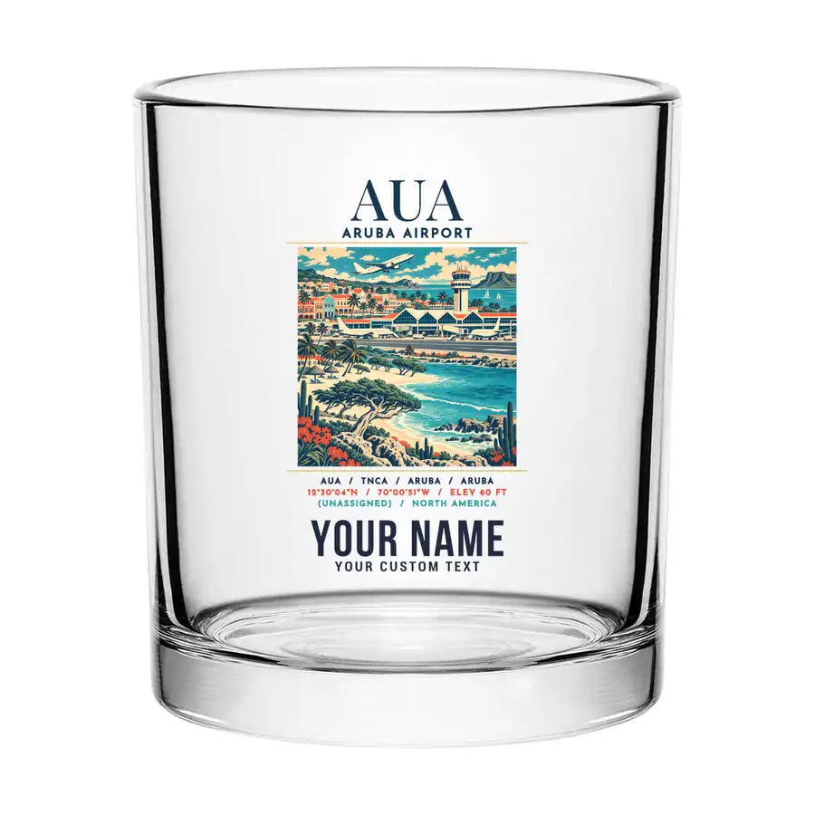 Queen Beatrix International Airport (AUA) Glasses - Poster + Name - Special Whiskey Glass