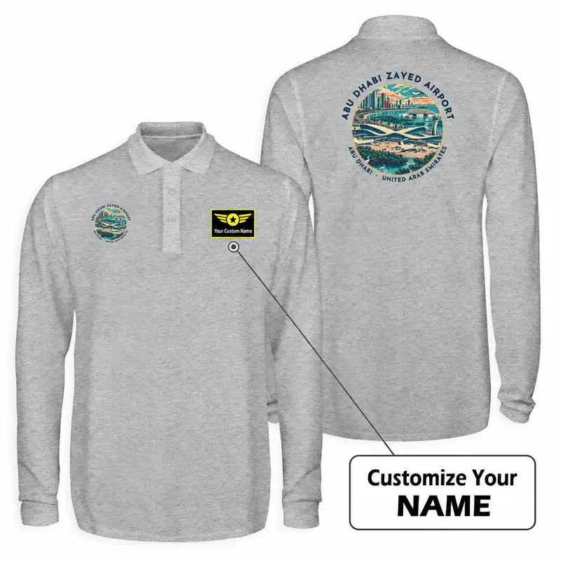 Abu Dhabi Zayed International Airport (AUH) Premium Polo T-Shirts - Badge + Name - Long Sleeve - Gray