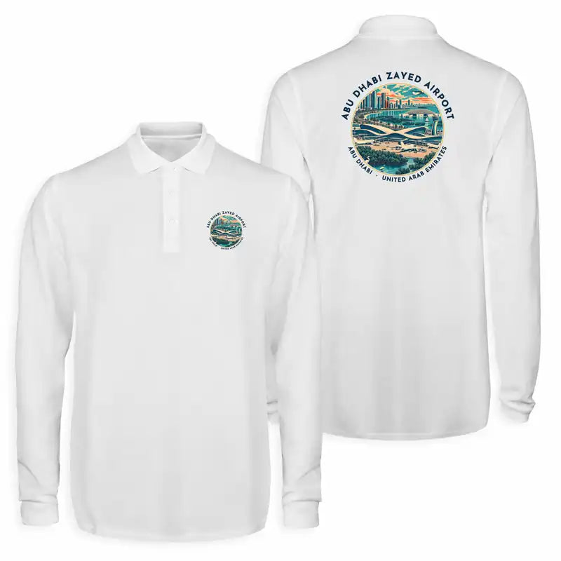 Abu Dhabi Zayed International Airport (AUH) Premium Polo T-Shirts - Badge - Long Sleeve - White