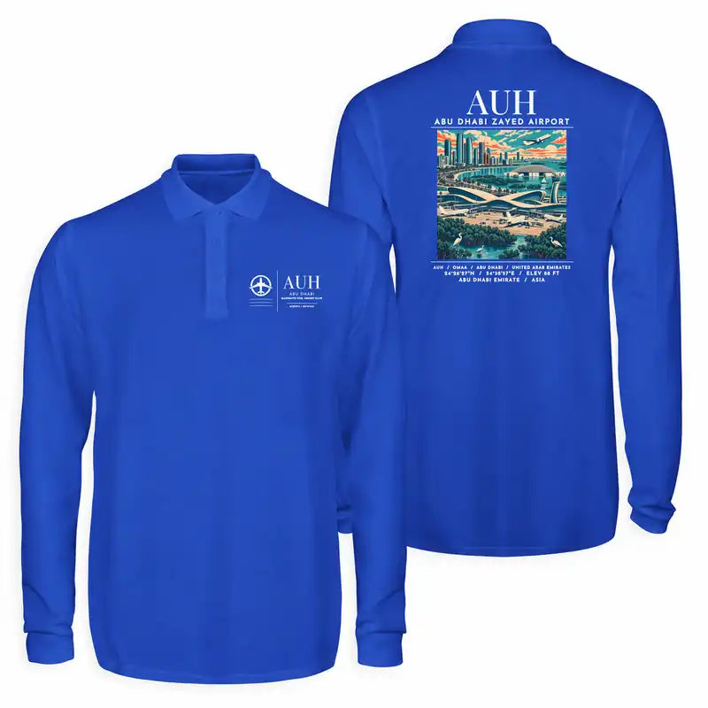Abu Dhabi Zayed International Airport (AUH) Premium Polo T-Shirts - Poster - Long Sleeve - Blue