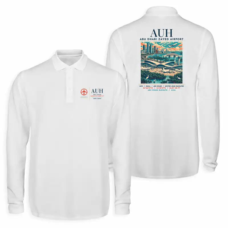 Abu Dhabi Zayed International Airport (AUH) Premium Polo T-Shirts - Poster - Long Sleeve - White