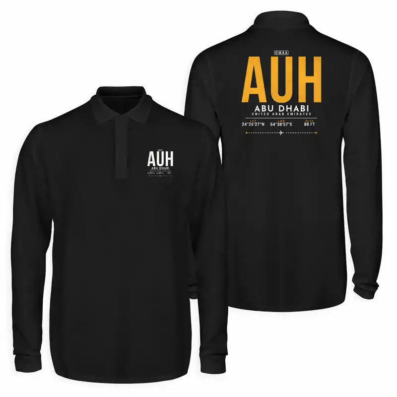 Abu Dhabi Zayed International Airport (AUH) Premium Polo T-Shirts - Tag - Long Sleeve - Black