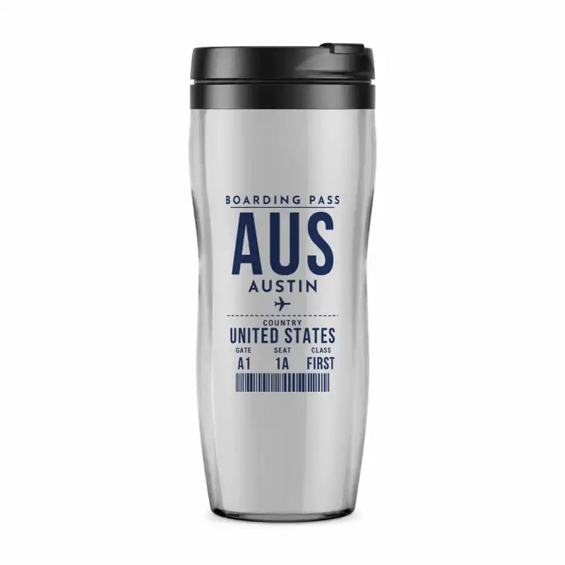 Austin-Bergstrom International Airport (AUS) Travel Mugs - Boarding Pass - Plastic (No Holder) - Light Gray