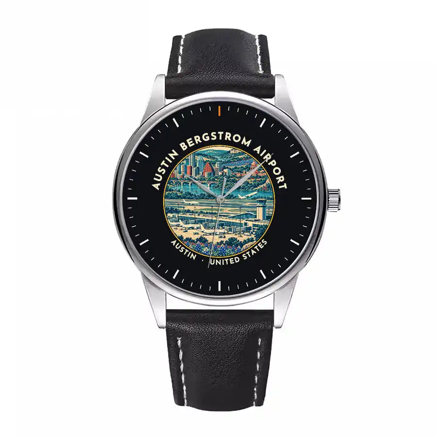 Austin-Bergstrom International Airport (AUS) Aviator Watches - Badge - Leather Strap - Black Leather Strap