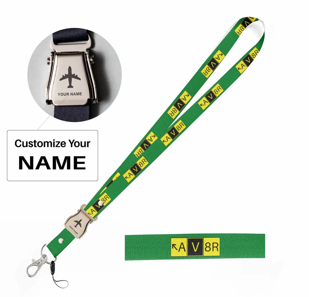 AV8R seat belt lanyard - green with name