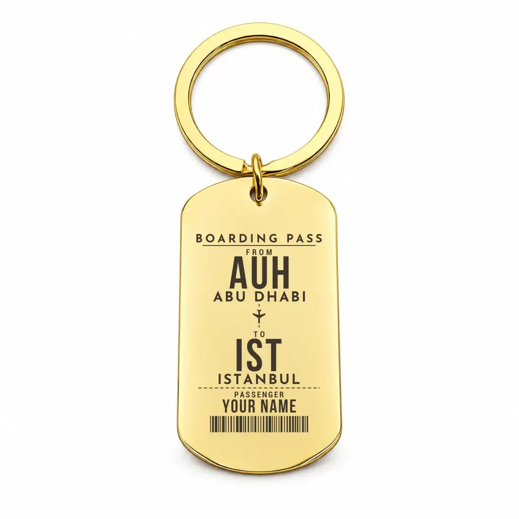 Abu Dhabi Zayed International Airport AUH - Key Chain - Customizable Boarding Pass - Gold