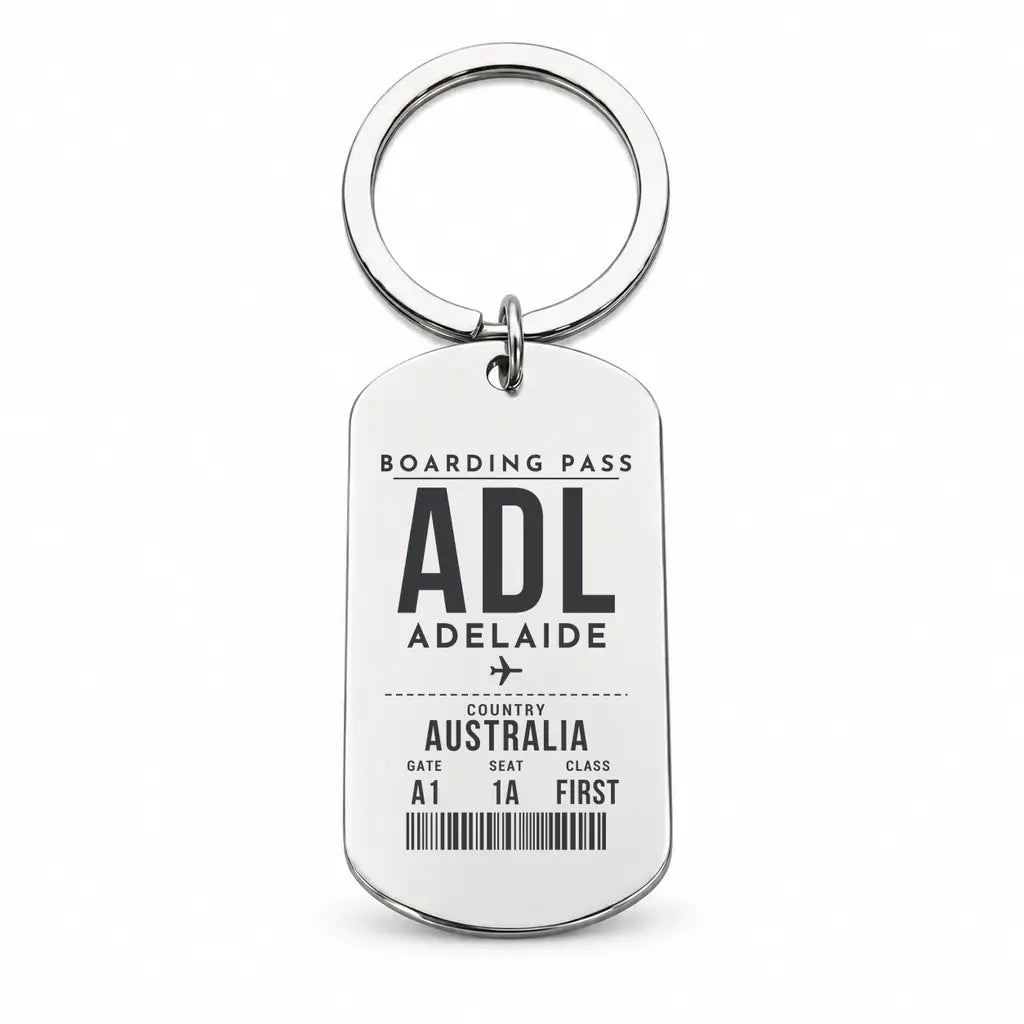 Adelaide Airport ADL - Key Chain - Boarding Pass Style - Silver