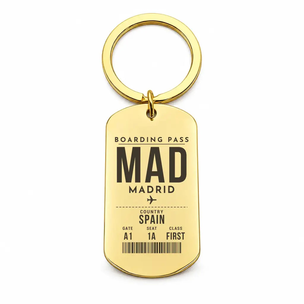 Adolfo Suarez Madrid-Barajas Airport MAD - Key Chain - Boarding Pass Style - Gold