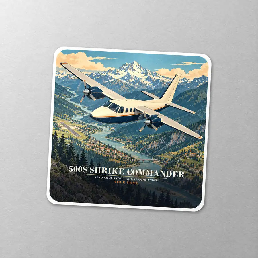 Aero Commander 500S Shrike Commander - 3D + Name - Square Sticker - Close-up