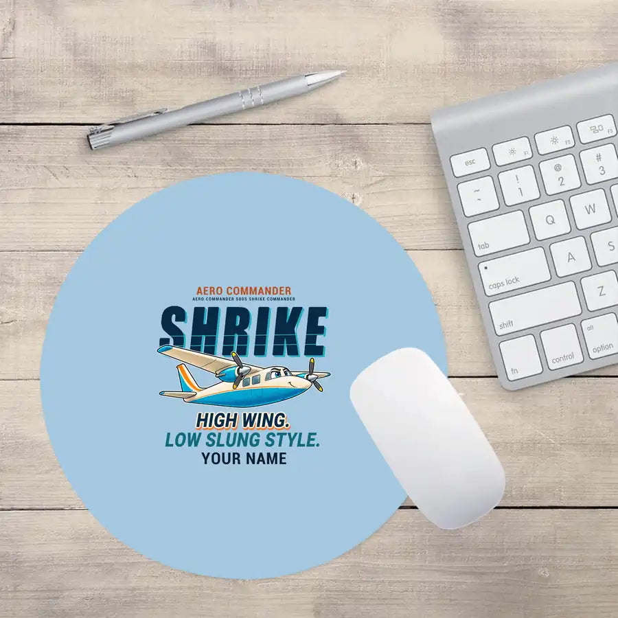 Aero Commander 500S Shrike Commander - Cartoon + Name - Round Mouse Pad - Light Blue