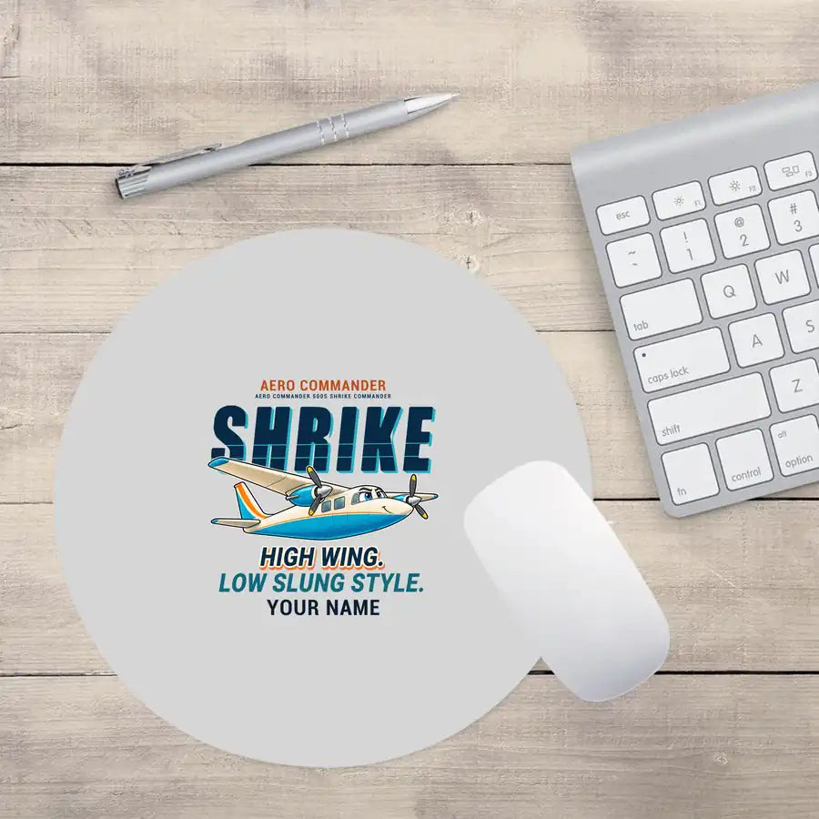 Aero Commander 500S Shrike Commander - Cartoon + Name - Round Mouse Pad - Light Gray