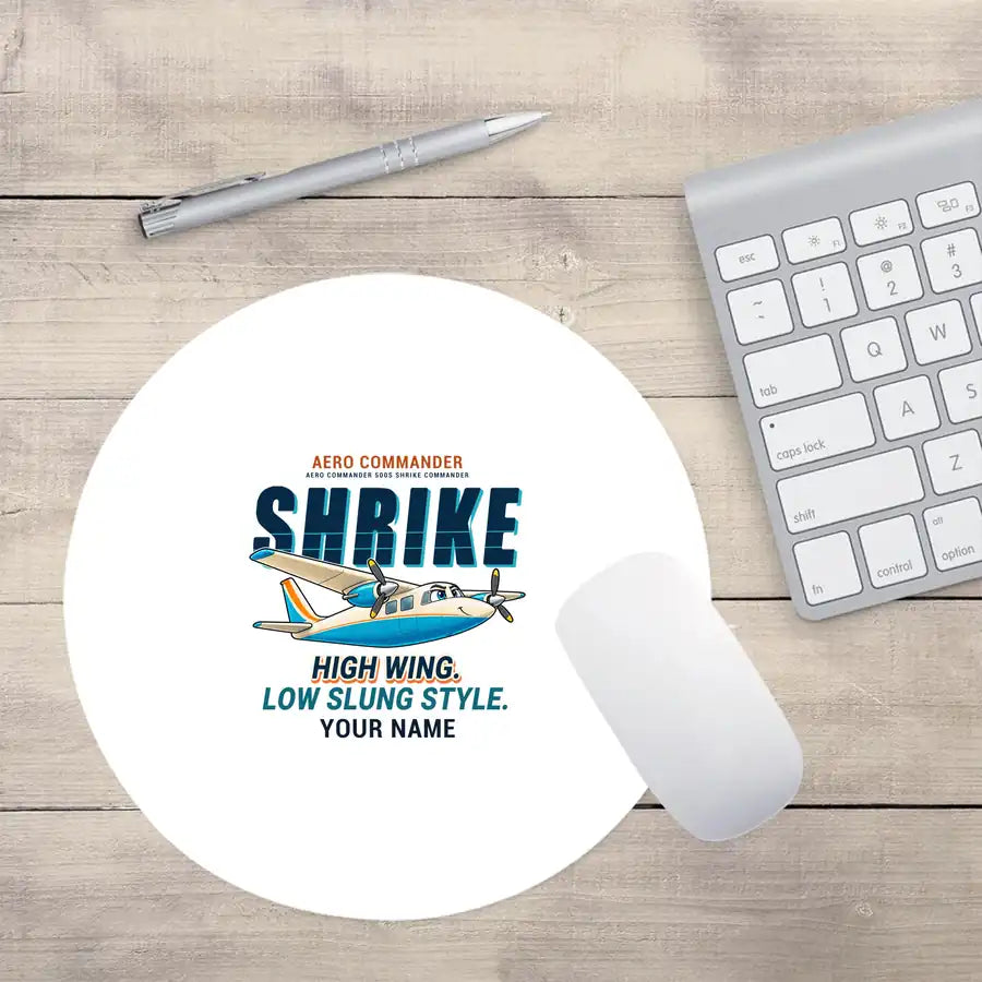 Aero Commander 500S Shrike Commander - Cartoon + Name - Round Mouse Pad - White