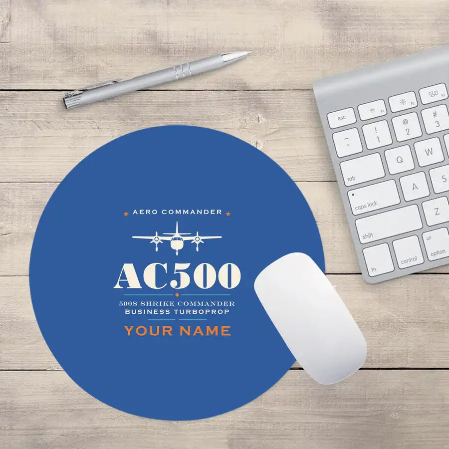 Aero Commander 500S Shrike Commander - Heritage + Name - Round Mouse Pad - Blue