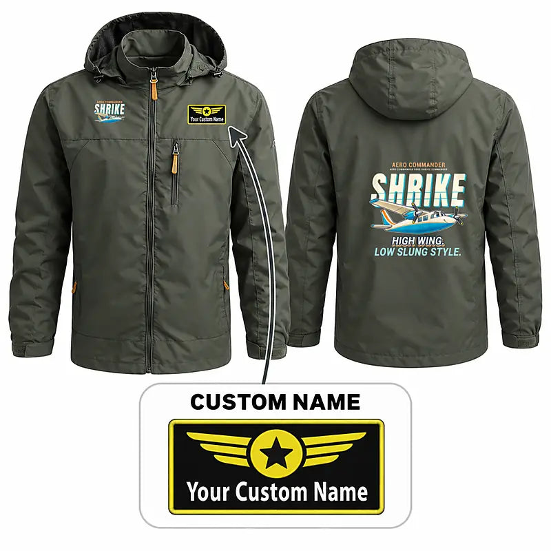 Aero Commander 500S Shrike Commander Stylish Jackets - Hooded Windbreaker - Cartoon + Name - Olive Green