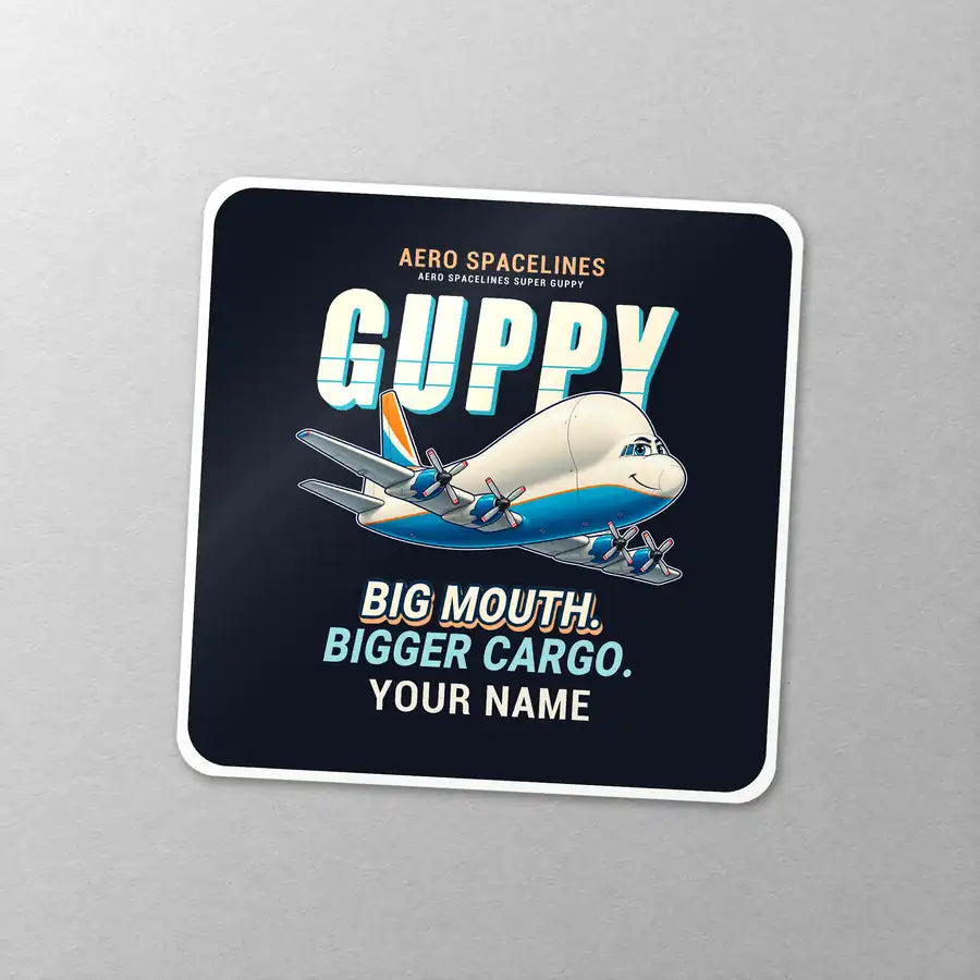 Aero Spacelines Super Guppy - Cartoon + Name - Square Sticker - Close-up
