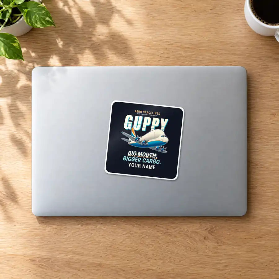 Aero Spacelines Super Guppy - Cartoon + Name - Square Sticker - MacBook