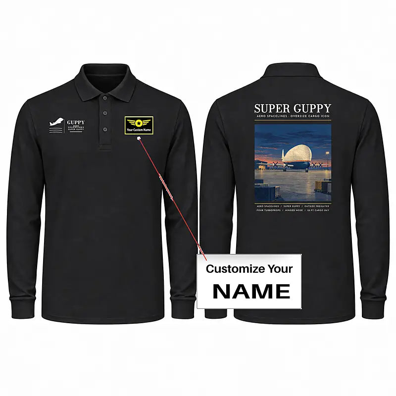 Aero Spacelines Super Guppy Premium Polo T-Shirts - Poster + Name - Long Sleeve - Black