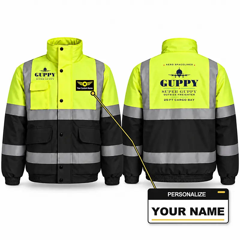 Aero Spacelines Super Guppy Reflective Winter Jackets - Heritage + Name - Fluorescent Yellow & Navy