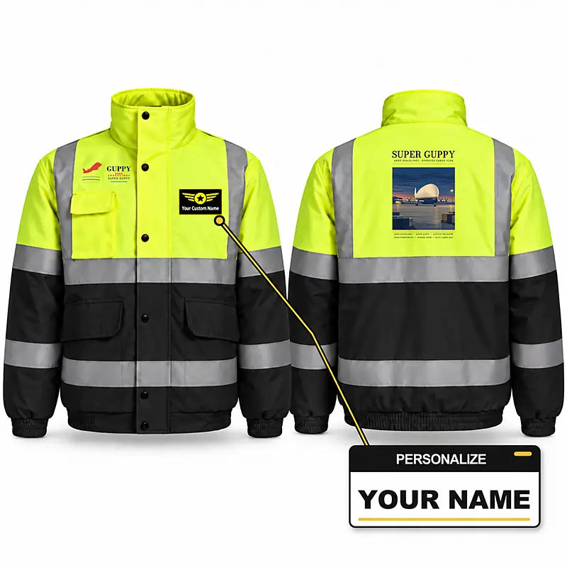 Aero Spacelines Super Guppy Reflective Winter Jackets - Poster + Name - Fluorescent Yellow & Navy