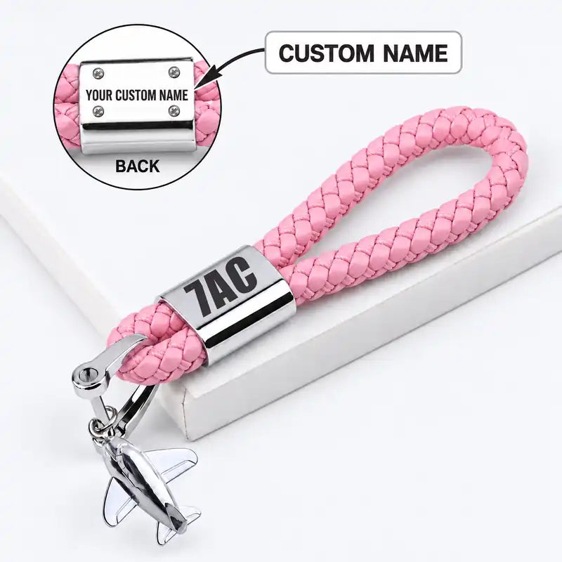 Aeronca 7AC Champion - Leather Key Chain - Braided Leather - Tag - Pink + Name