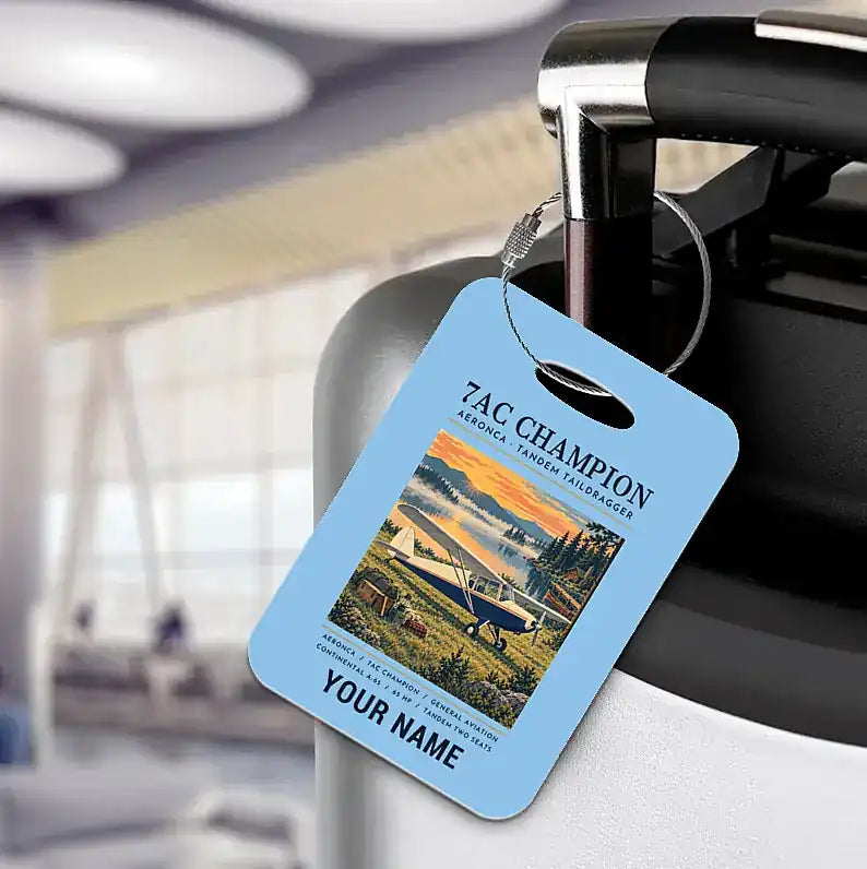 Aeronca 7AC Champion - Poster + Name - Luggage Tag - Light Blue