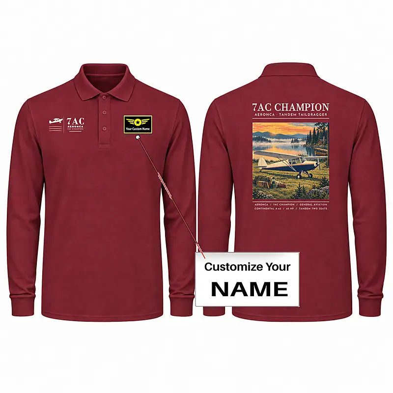 Aeronca 7AC Champion Premium Polo T-Shirts - Poster + Name - Long Sleeve - Dark Red