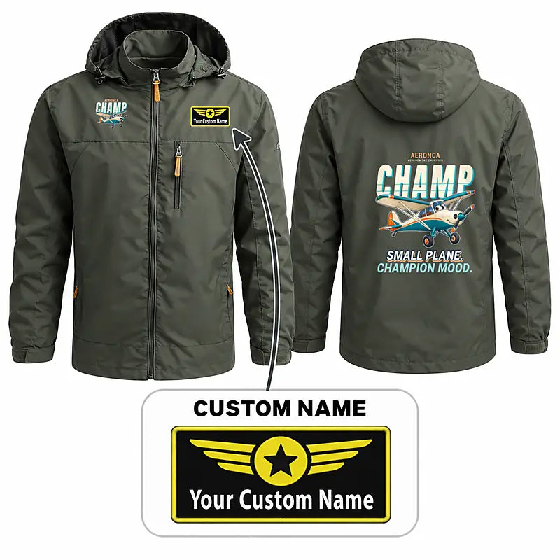 Aeronca 7AC Champion Stylish Jackets - Hooded Windbreaker - Cartoon + Name - Olive Green