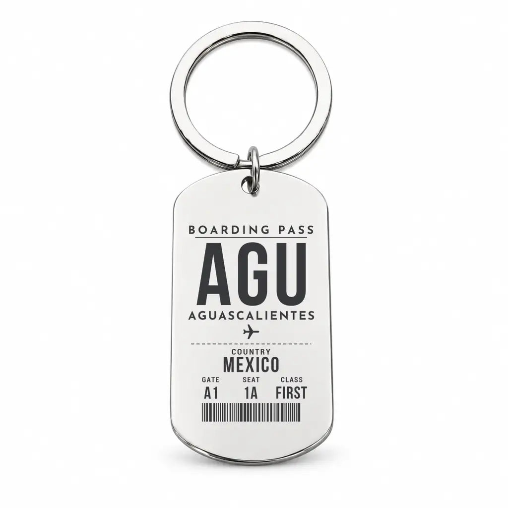 Aguascalientes International Airport AGU - Key Chain - Boarding Pass Style - Silver