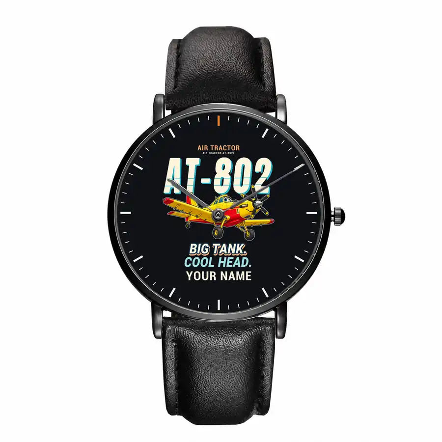 Air Tractor AT-802F - Cartoon + Name - Slim Leather - Black and Black Leather Strap
