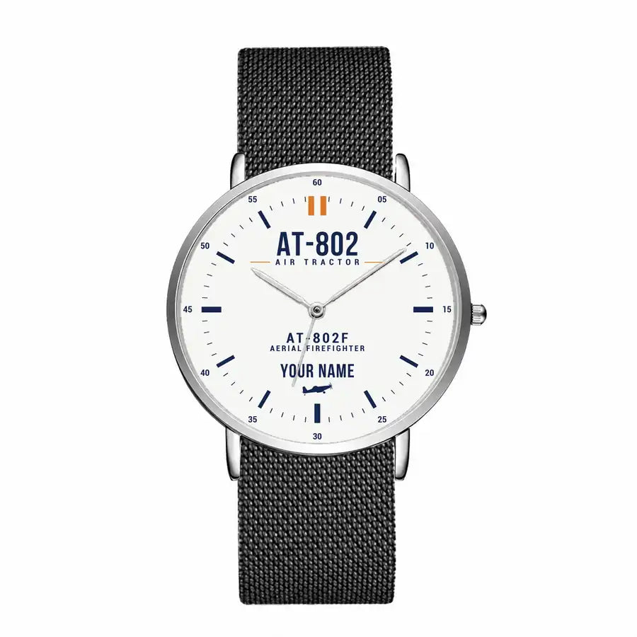 Air Tractor AT-802F - Classic - White + Name - Slim Mesh - Silver and Black Stainless Steel Strap