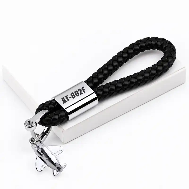 Air Tractor AT-802F Fire Boss - Leather Key Chain - Braided Leather - Tag - Black