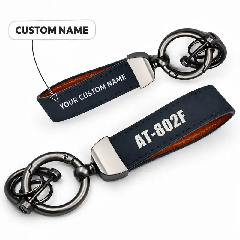 Air Tractor AT-802F Fire Boss - Leather Key Chain - Horseshoe Buckle - Heritage - Navy Blue + Name
