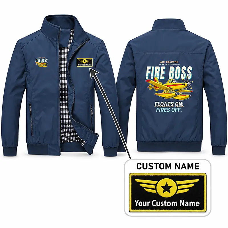 Air Tractor AT-802F Fire Boss Stylish Jackets - Stand Collar - Cartoon + Name - Navy Blue