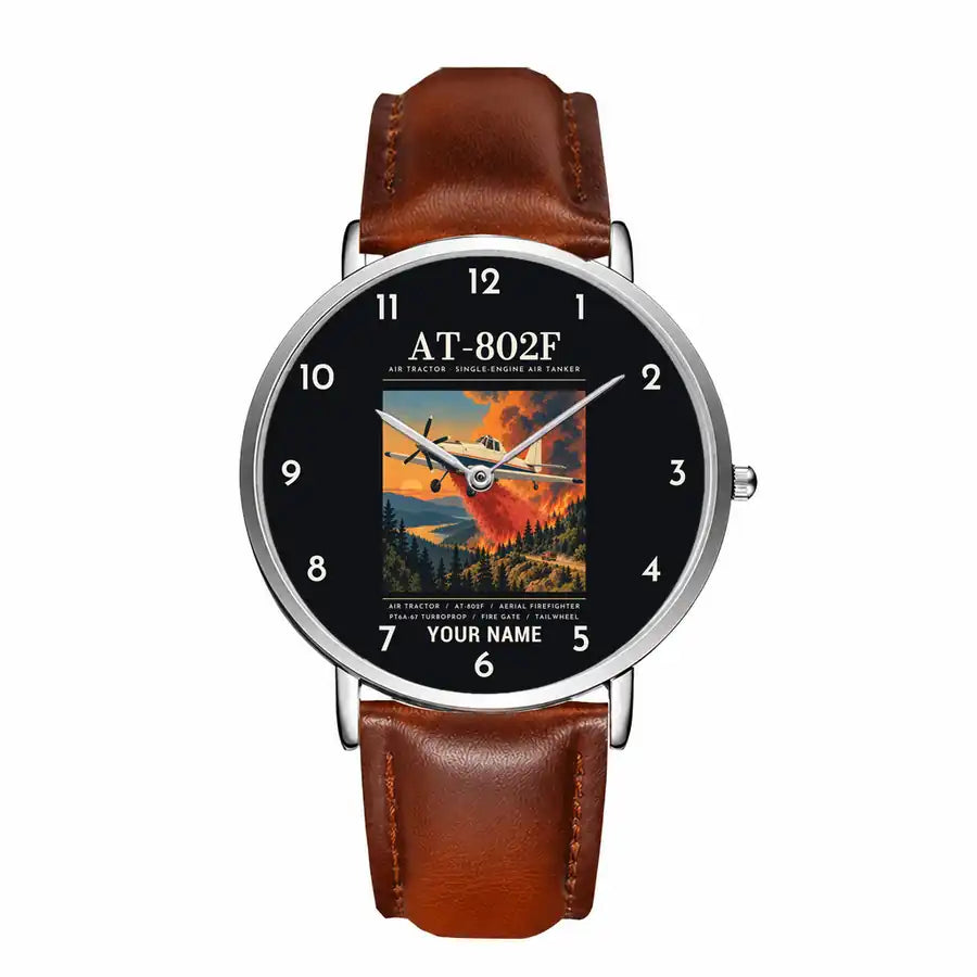 Air Tractor AT-802F - Poster + Name - Slim Leather - Silver and Brown Leather Strap
