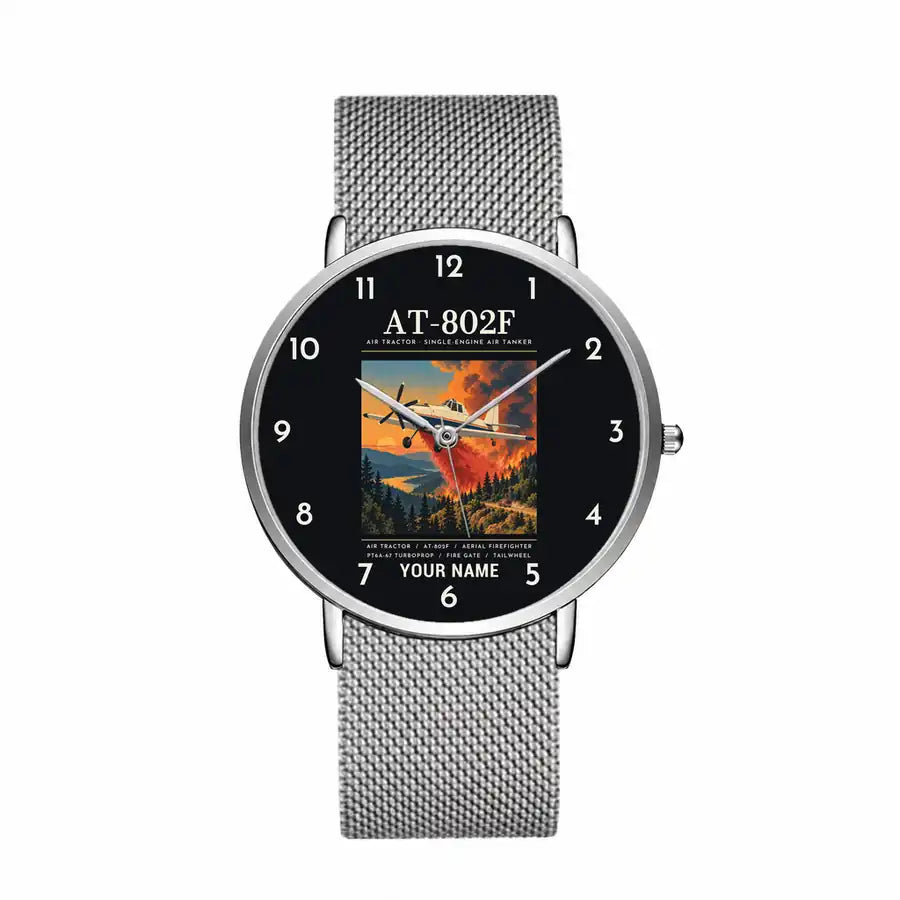 Air Tractor AT-802F - Poster + Name - Slim Mesh - Silver and Silver Stainless Steel Strap