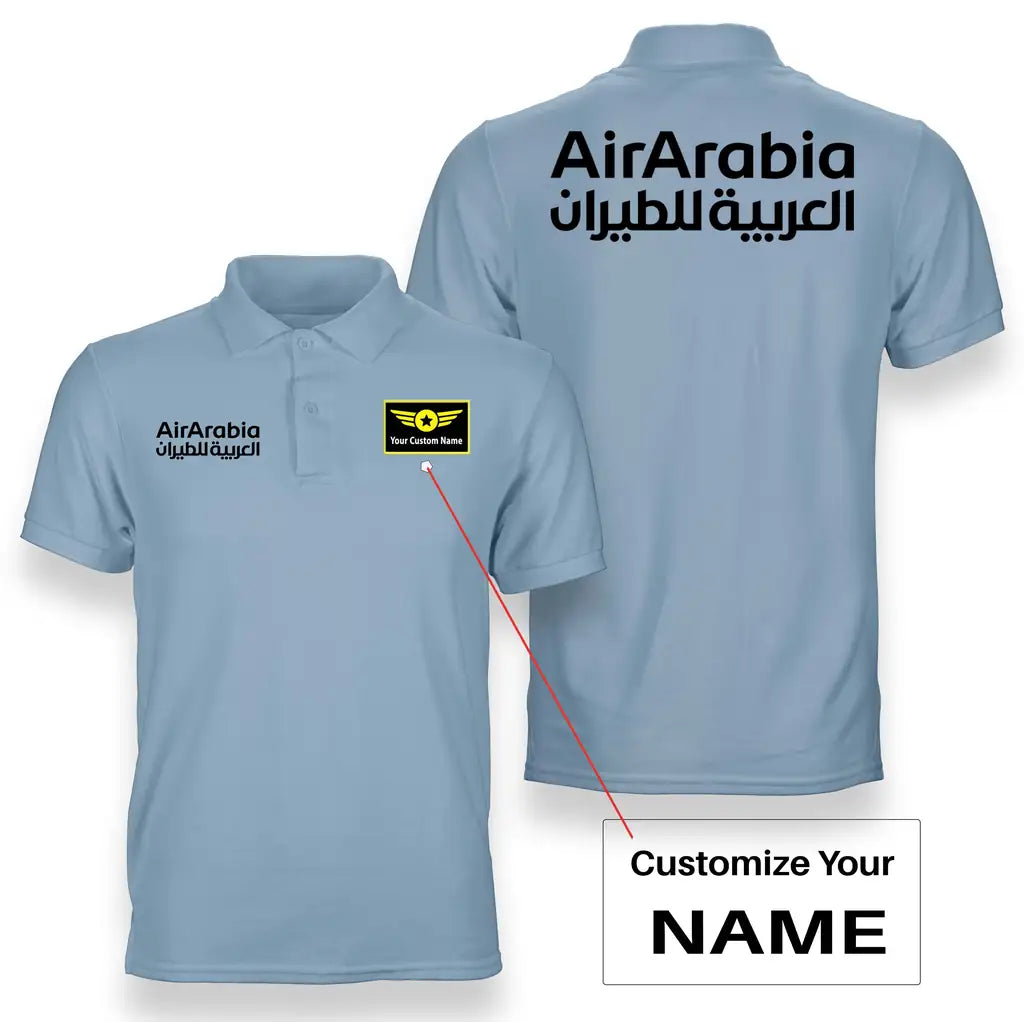 Air Arabia logo on light blue + name double side polo t shirt