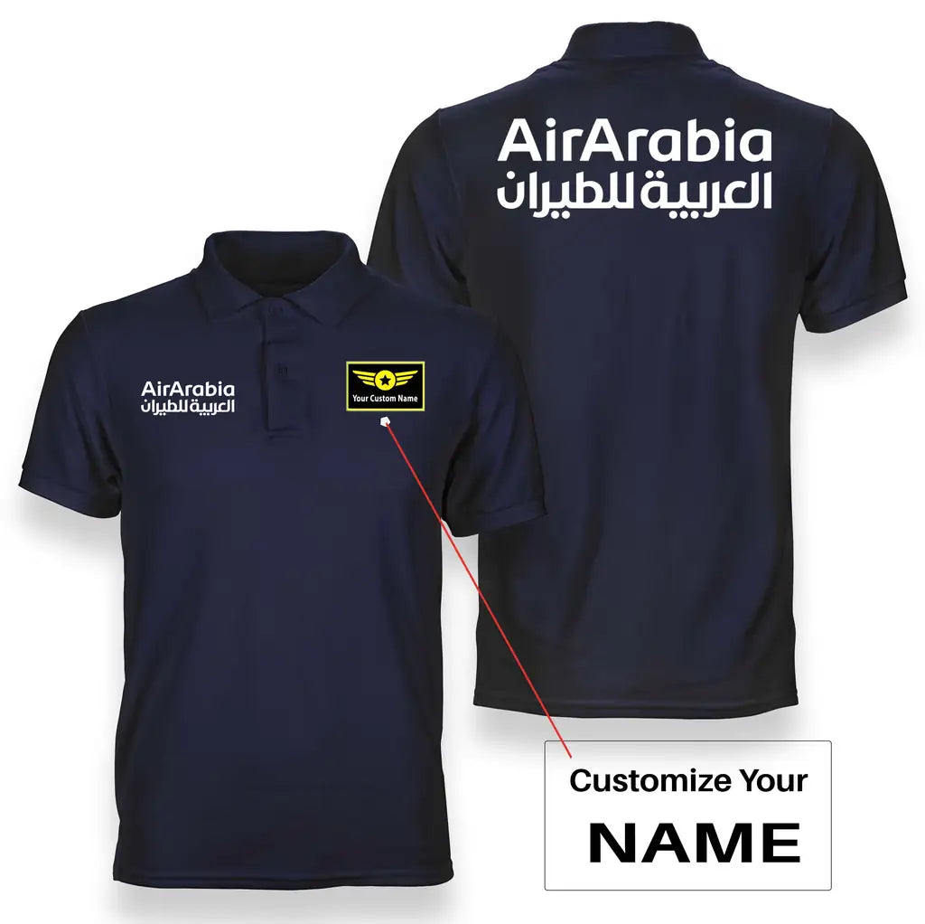 Air Arabia logo on navy blue + name double side polo t shirt