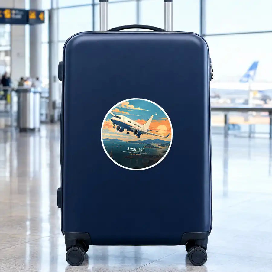 Airbus A220-100 - 3D + Name - Circle Sticker - Suitcase