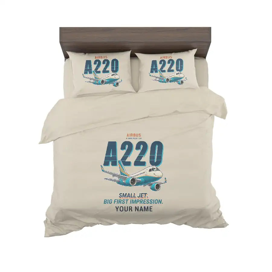 Airbus A220-100 - Cartoon + Name - Bedding Set - Beige