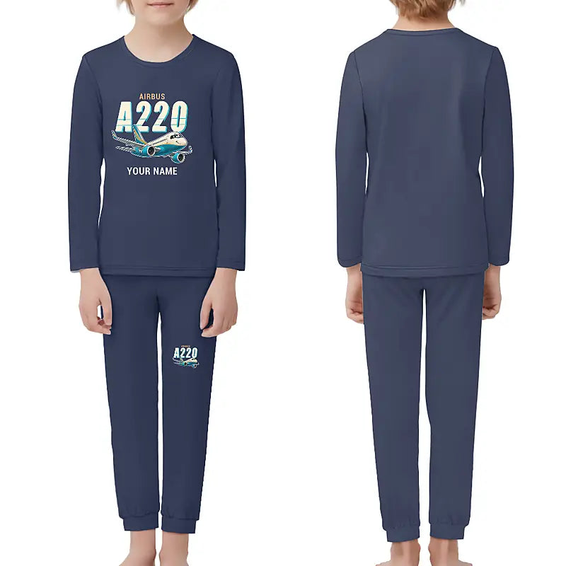Airbus A220-100 - Children Pajamas - Cartoon Chest + Name - Navy Blue