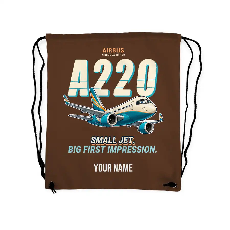 Airbus A220-100 - Drawstring Bag - Cartoon + Name - Brown