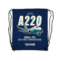 Thumbnail for Airbus A220-100 - Drawstring Bag - Cartoon + Name - Dark Blue