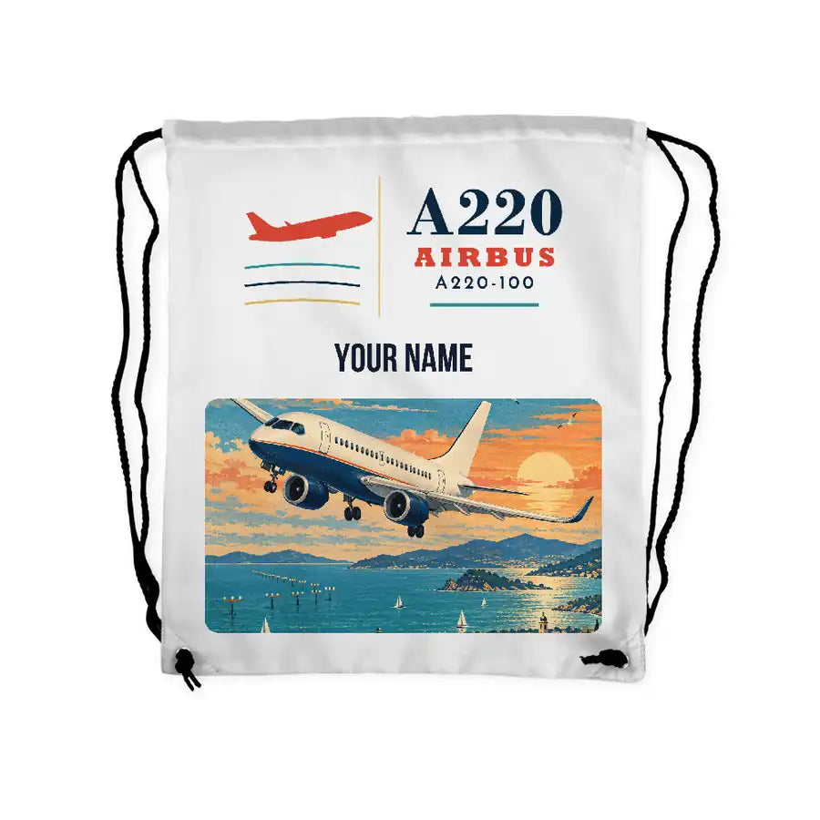 Airbus A220-100 - Drawstring Bag - Classic + Name - White