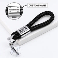 Thumbnail for Airbus A220-100 - Leather Key Chain - Braided Leather - Tag - Black + Name
